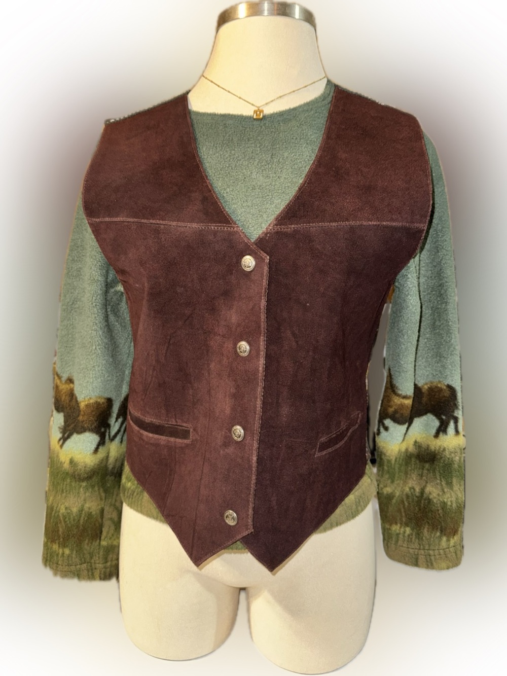 Vintage Satrel Brown Suede‎ Leather Vest Size Medium Aztec Print Button Down